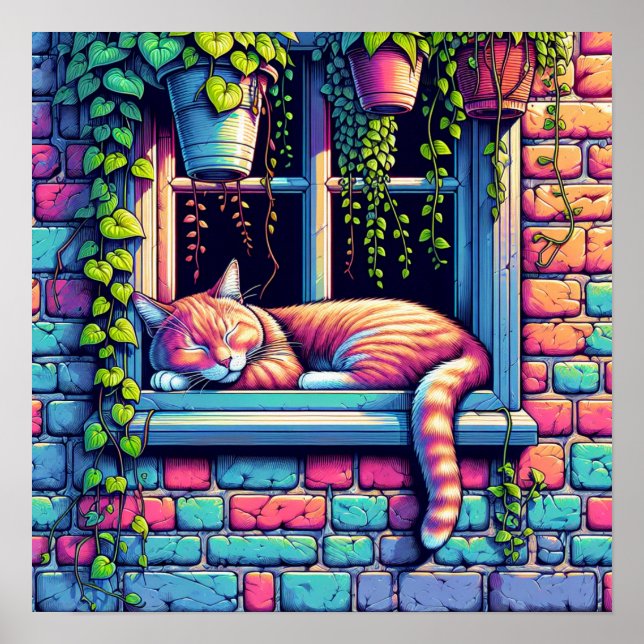 Sovande katt i fönsterbräda Ai-konst Poster (Framsidan)