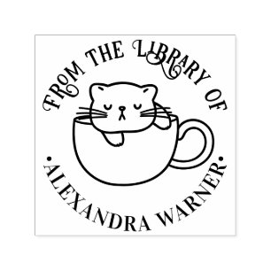 Sovande katt i kaffekopp Rund bibliotek boknamn Självfärgande Stämpel