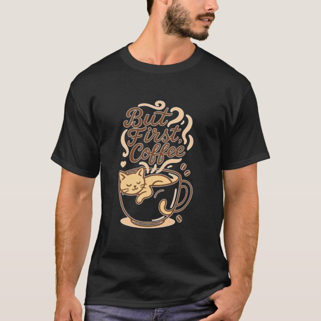 Sovande katt inuti kaffemugg t shirt (Framsida)