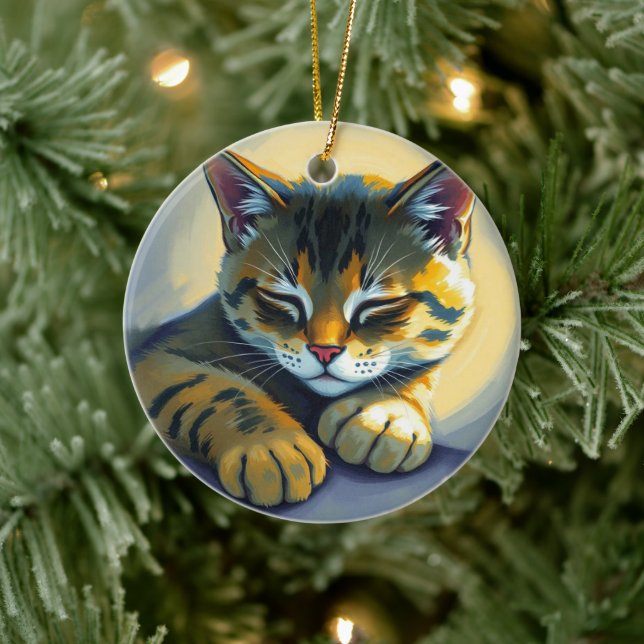 Sovande katt julgransprydnad keramik (Träd)
