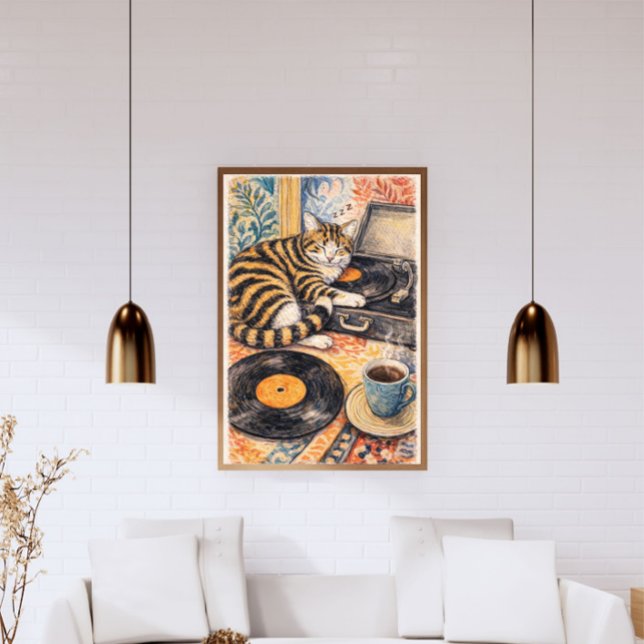 Sovande katt med vinylskivspelare – Vintage Poster (Skapare uppladdad)