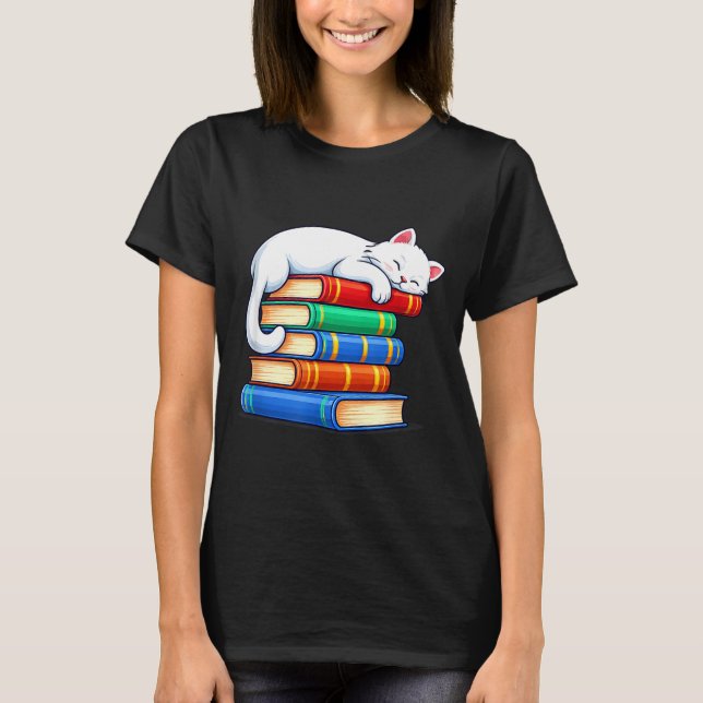 Sovande katt och böcker söta roliga mysiga bokälsk t shirt (Framsida)
