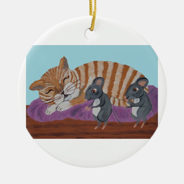 Sovande katt och listiga möss julgransprydnad keramik (Framsidan)