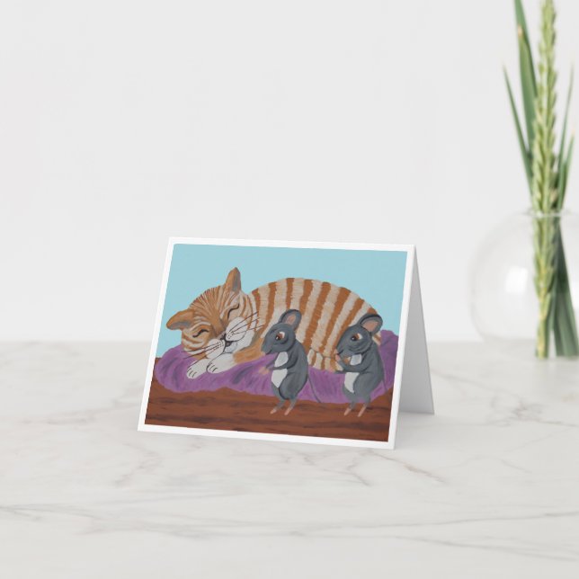Sovande katt och listiga möss vikt tackkort (Framsida)