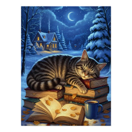 Sovande katt på böcker vinternatt perfect poster
