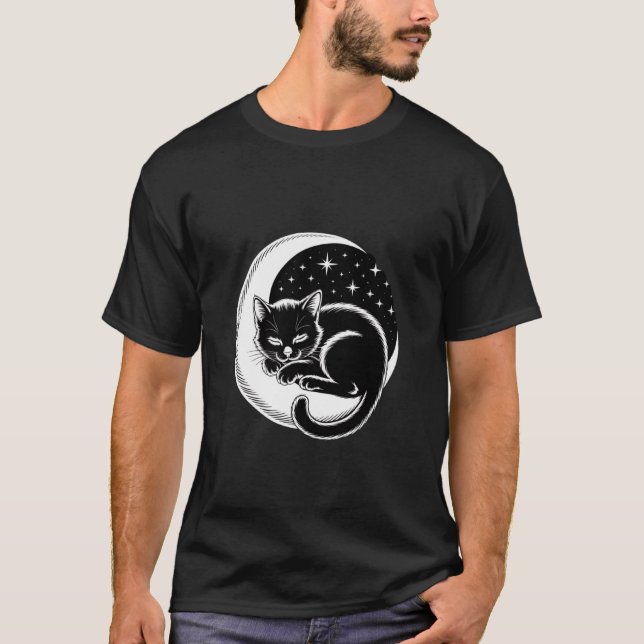 Sovande katt på halvmåne med stjärnor för husdjur  t shirt (Framsida)