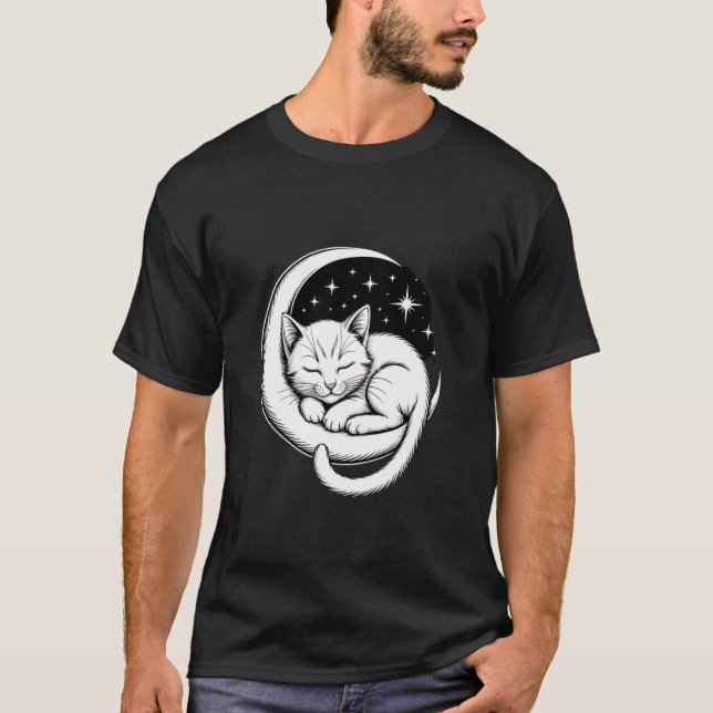 Sovande katt på halvmåne t shirt (Framsida)