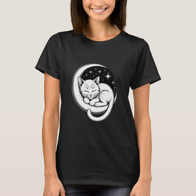 Sovande katt på halvmåne t shirt (Framsida)