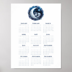 Sovande katt på månkalender 2026 Minimalistisk  Poster