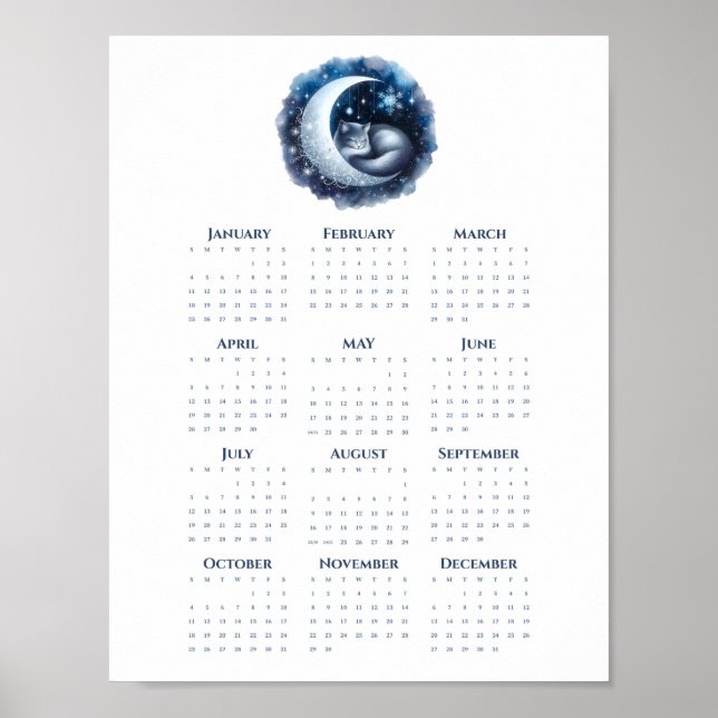 Sovande katt på månkalender 2026 Minimalistisk  Poster (Framsidan)