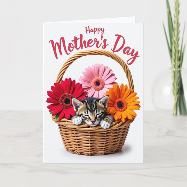 Sovande kattunge blomster morsdagskort kort (Framsida)