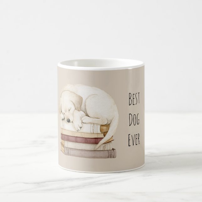 Sovande krämhund på böcker kaffemugg (Center)