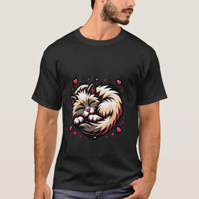 Sovande Kullig Katt Kärlek Hjärtan T Shirt (Framsida)