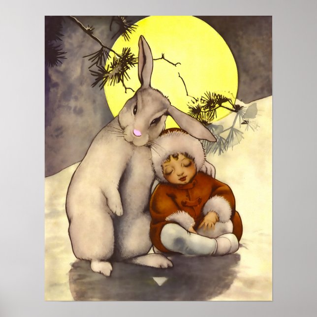 Sovande litet barn med kanin för barnkammare affis poster (Framsidan)