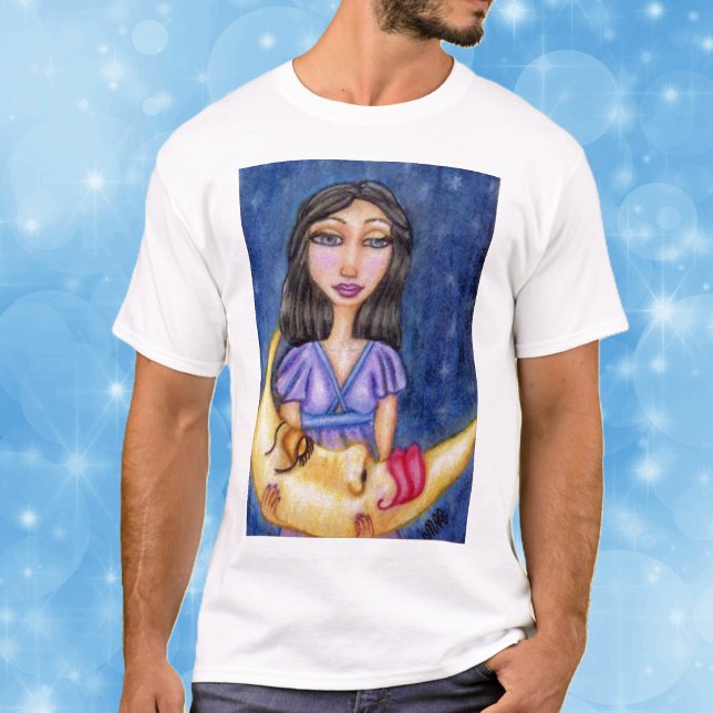 Sovande månens nattlinne tröja (Women in purple dress night sky stars holding sleeping yellow crescent moon on tee shirt.)