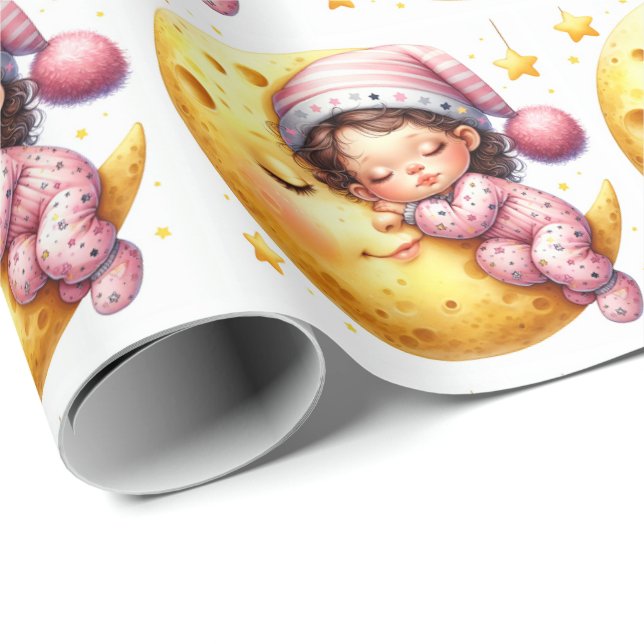 Sovande med månen Baby Shower Nyfödd flicka Presentpapper (Rullad Hörn)