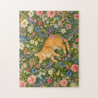 Sovande orange katt i vildblommor Pussel | Akvarel