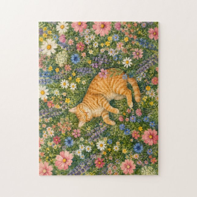 Sovande orange katt i vildblommor Pussel | Akvarel (Vertikal)