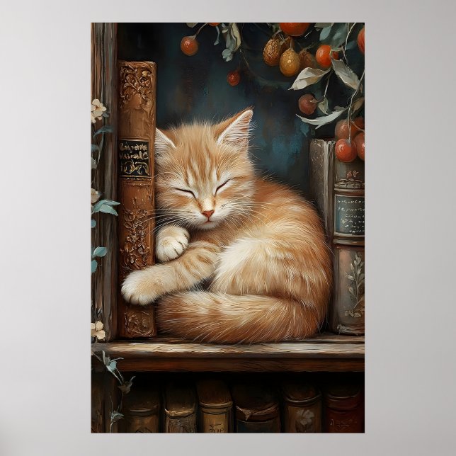 Sovande orange katt på boktryck, mörk akademi poster (Framsidan)