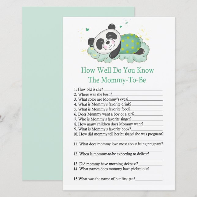 Sovande panda Hur väl känner du till baby shower-l (Fram/baksida)