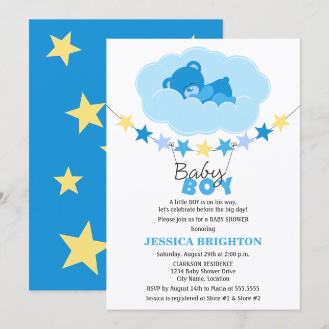 Sovande pojke Teddybjörn i moln Baby Shower Inbjudningar (Fram/baksida)