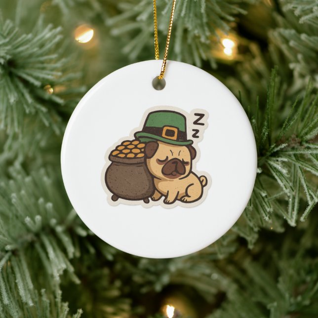 Sovande Pug Leprechaun Retro St. Patrick's Day Julgransprydnad Keramik (Träd)