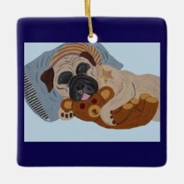 Sovande Pug med teddybjörn Julgransprydnad Keramik