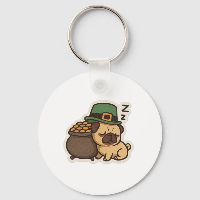 Sovande Pug-vakt St.Patrick's Day Nyckelring (Framsida)