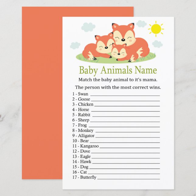 Sovande räv Baby Djur Namn Lek (Fram/baksida)