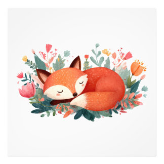 Sovande räv Blommig Söt Illustration Fototryck
