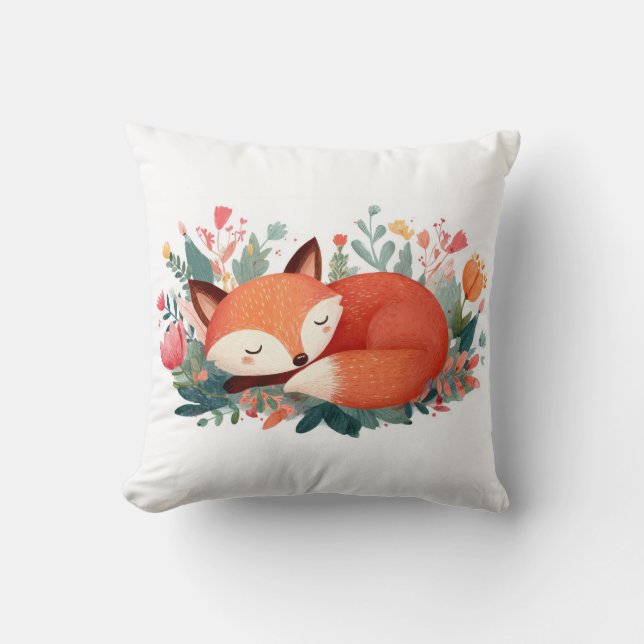 Sovande räv Blommig Söt Illustration Kudde (Framsida)