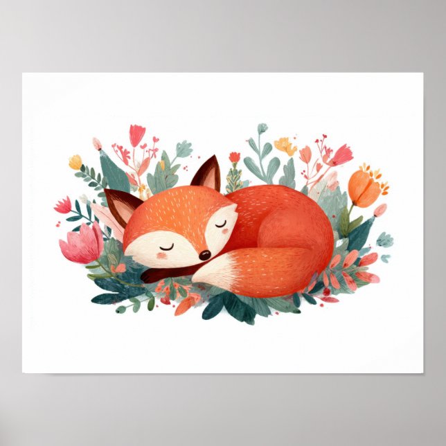 Sovande räv Blommig Söt Illustration Poster (Framsidan)
