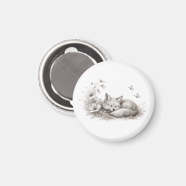 Sovande räv i blomning Mjuk monokrom skogsmark på  Magnet (Front/Back)