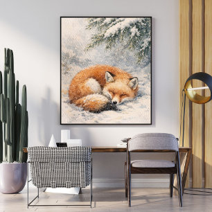 sovande räv vinterräv illustration snöig räv poster