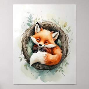 Sovande rävbo vattenfärg illustration poster