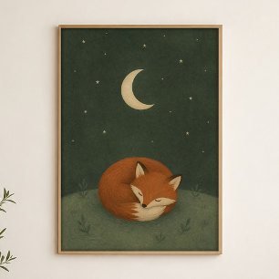 Sovande Rävmåne Akvarell Celestial Konstaffisch Poster