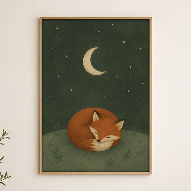Sovande Rävmåne Akvarell Celestial Konstaffisch Poster (Shown framed for scale. Poster ships unframed; frames are an optional add-on.)