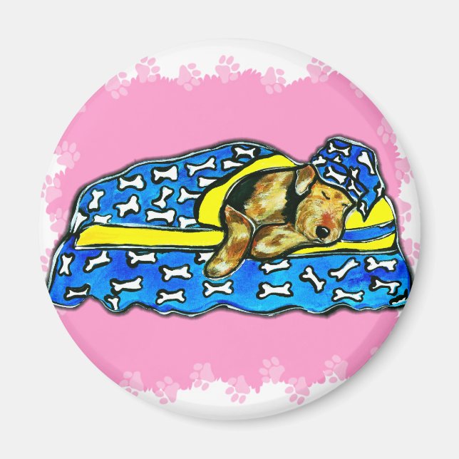 Sovande rosa airedale magnet (Framsidan)