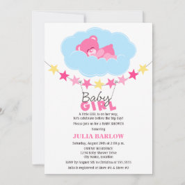 Sovande rosa flicka teddybjörn i moln Baby Shower Inbjudningar