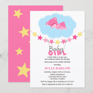 Sovande rosa flicka teddybjörn i moln Baby Shower Inbjudningar