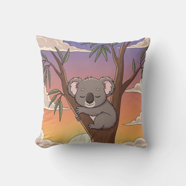 Sovande serietecknad koala på trädet vid solnedgån kudde (Framsida)