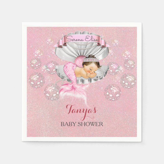 Sovande sjöjungfru babyflicka rosa snäckskal pärlo pappersservett (Framsidan)