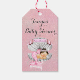 Sovande sjöjungfru babyflicka rosa snäckskal pärlo presentetikett