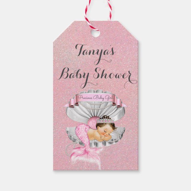 Sovande sjöjungfru babyflicka rosa snäckskal pärlo presentetikett (Framsidan)
