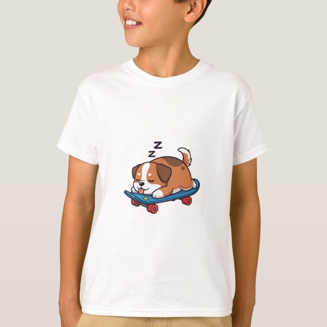 Sovande Skateboard Valp Barn T Shirt (Framsida)