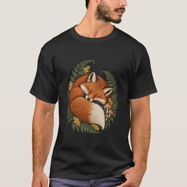 Sovande Skogsräv med Ormbunkar T Shirt (Framsida)