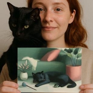 Sovande svart katt / Kattsnurrdrömmar Vykort