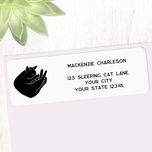 Sovande svart katt returadressetikett returadress etikett (Sleeping black cat personalized custom name return address label for animal lovers)