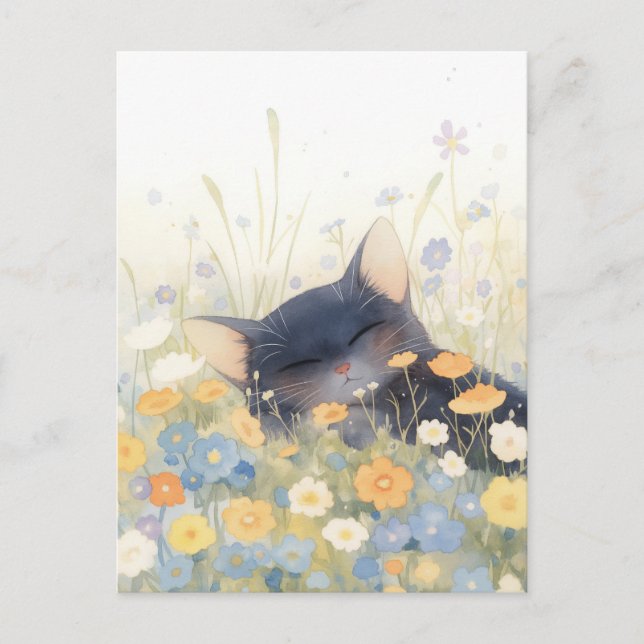 Sovande svart kattunge på äng med vilda blommor vykort (Framsida)