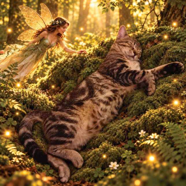 Sovande Tabby Katt & Älv Enchanted Skog Kudde (Skapare uppladdad)